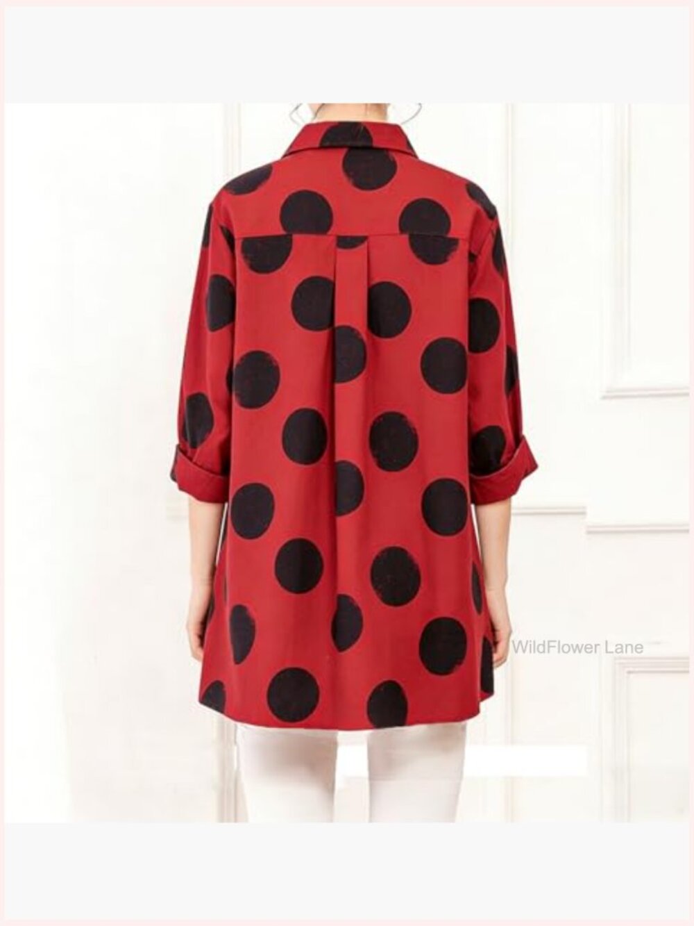 Women's Polka Dot Button Down Tunic Blouse Long Sleeve Cotton Shirt - Picture 4 of 7